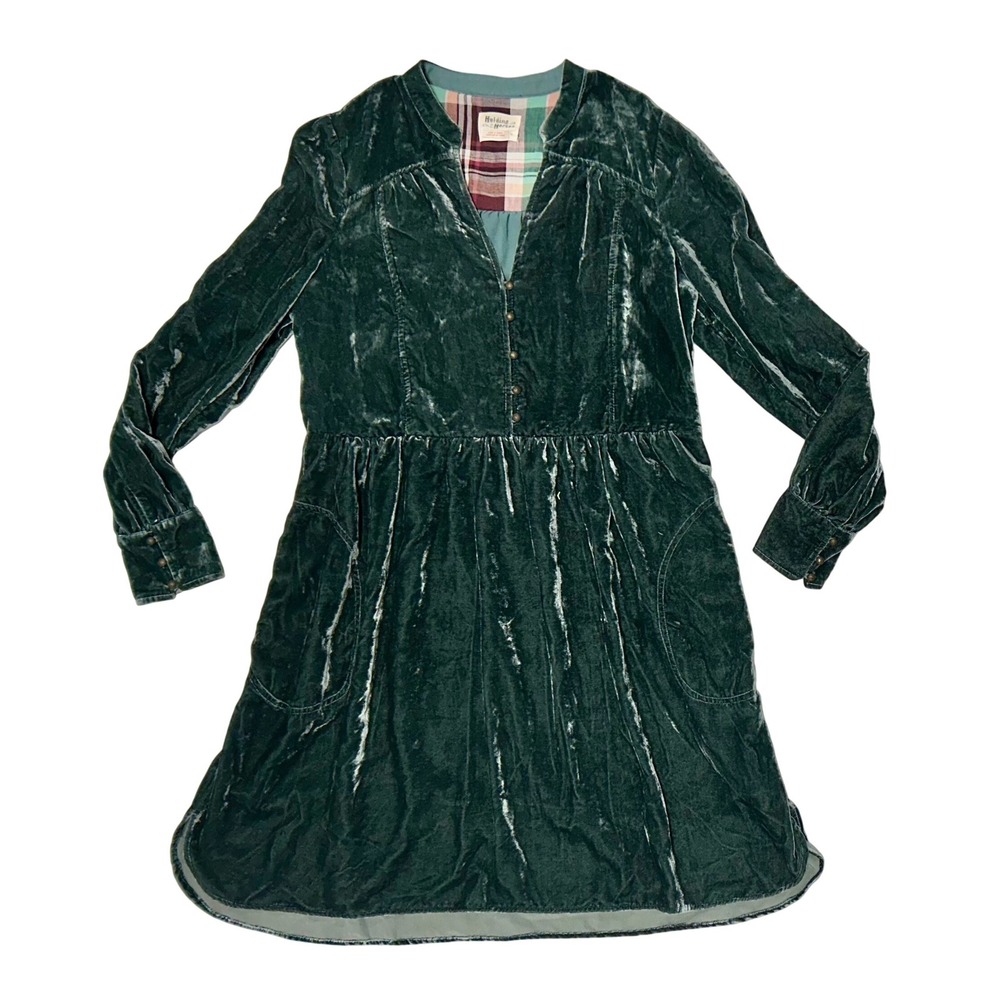 Holding Horses Anthropologie Green Velvet Long Sleeve Shirt Dress Medium